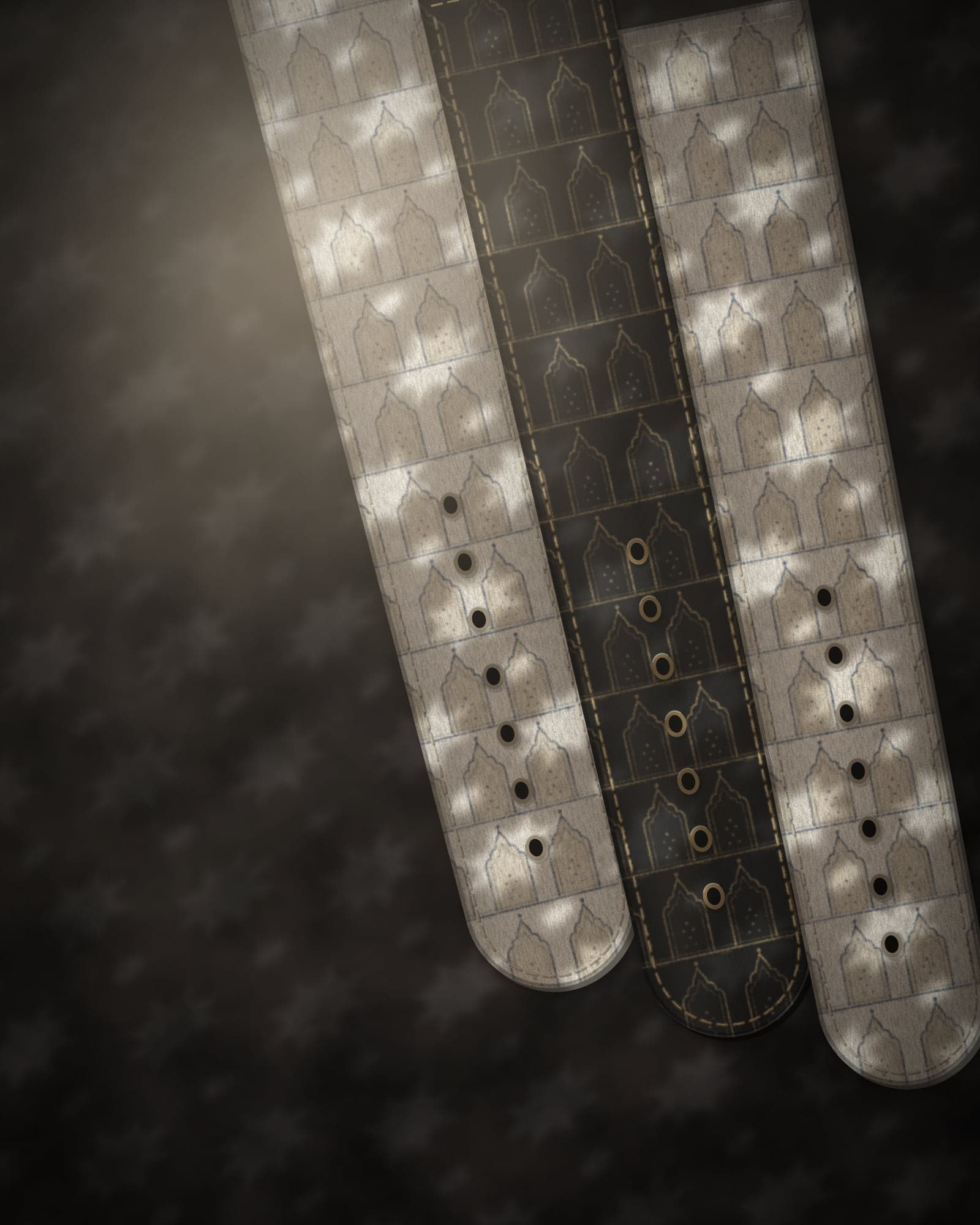 Concept straps with fine arched line prints on dark slate, crossed by patterned window light.