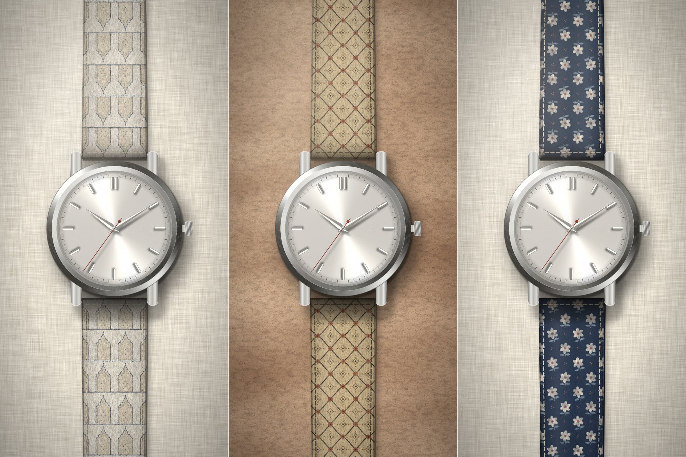 Concept render: the same unbranded watch shown on three different printed straps side by side.