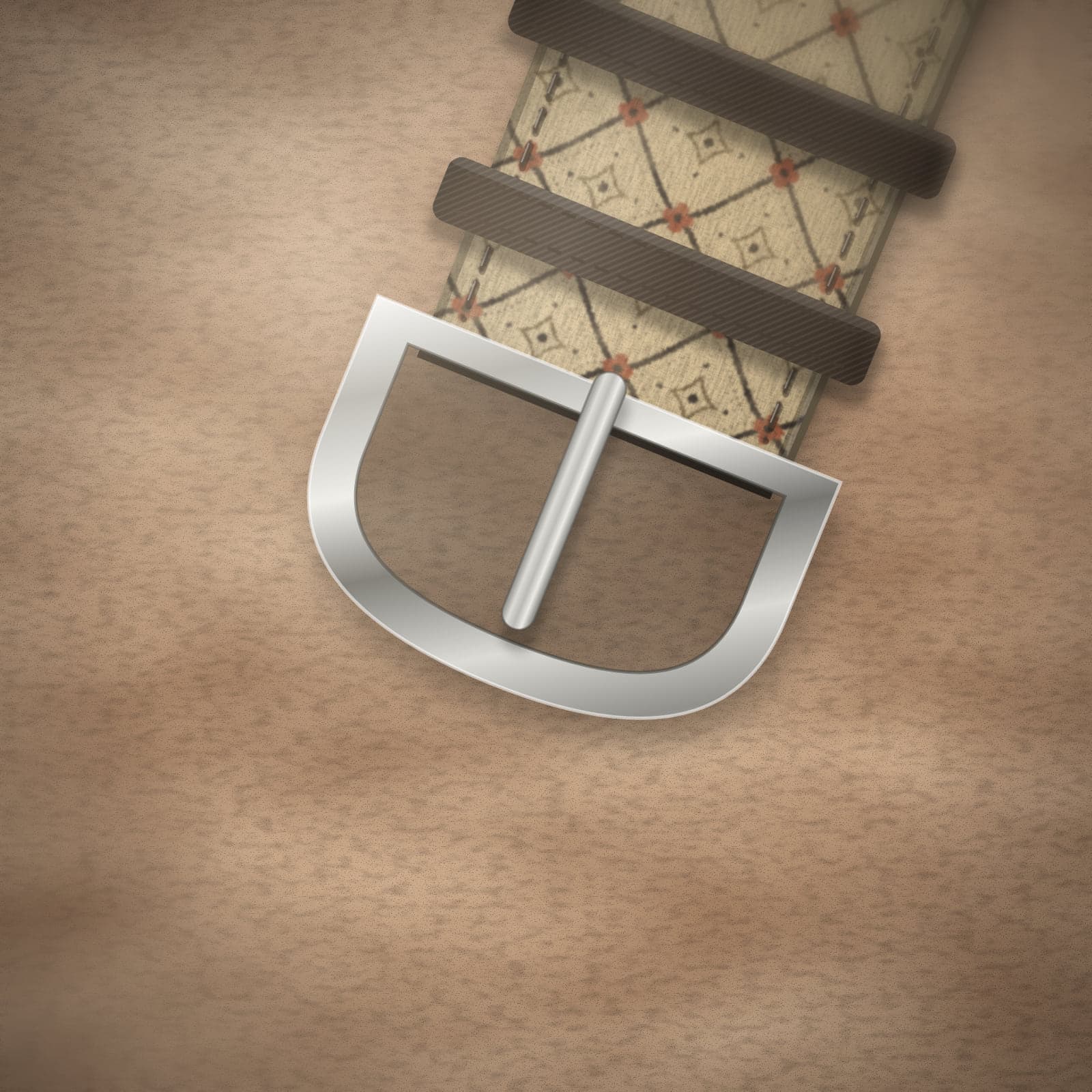 Concept render: a brushed steel tang buckle and keepers on an ochre strap.