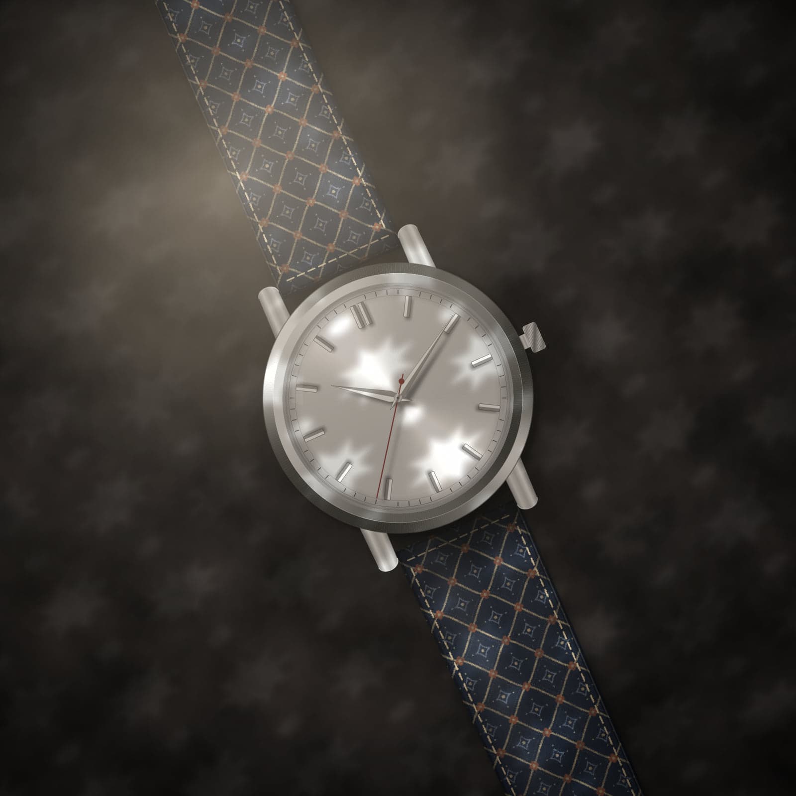 Concept render: an unbranded watch with a silver dial on the Bagru Midnight strap, on dark slate.