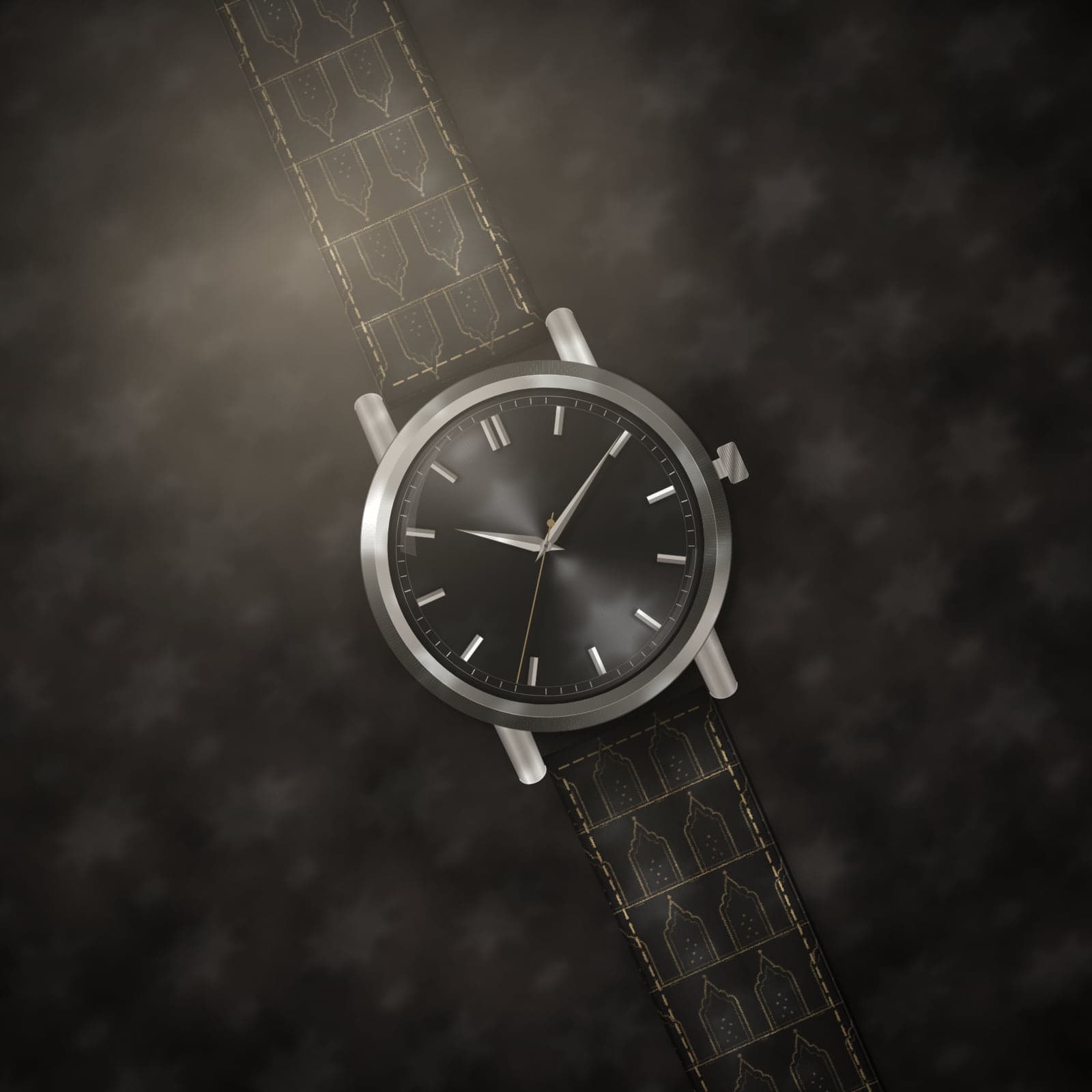 Concept render: an unbranded watch with a black dial on the Jharokha Noir strap, on dark slate in patterned light.