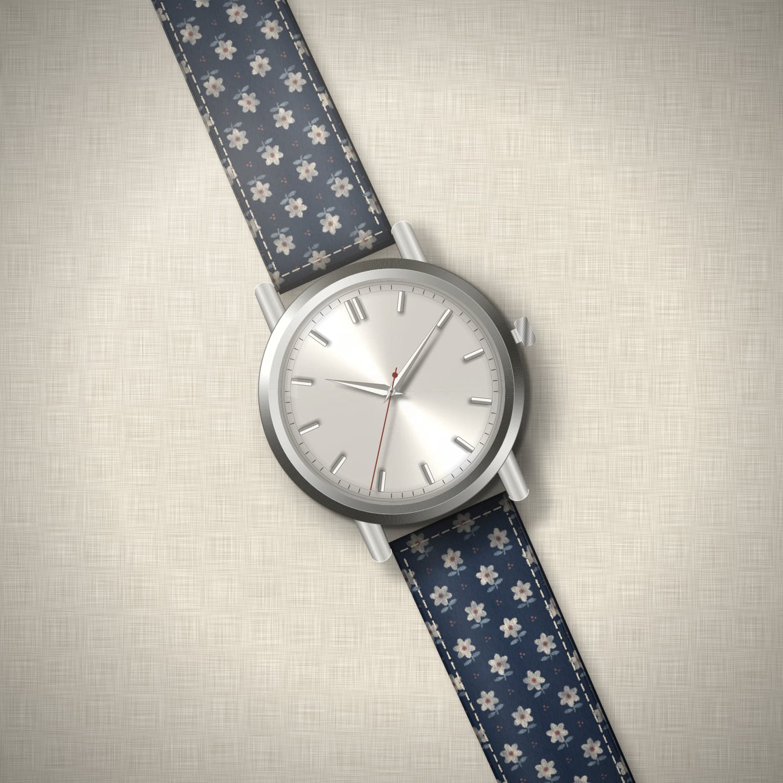 Concept render: an unbranded steel watch with an ivory dial on the Sanganer Indigo strap, on linen.