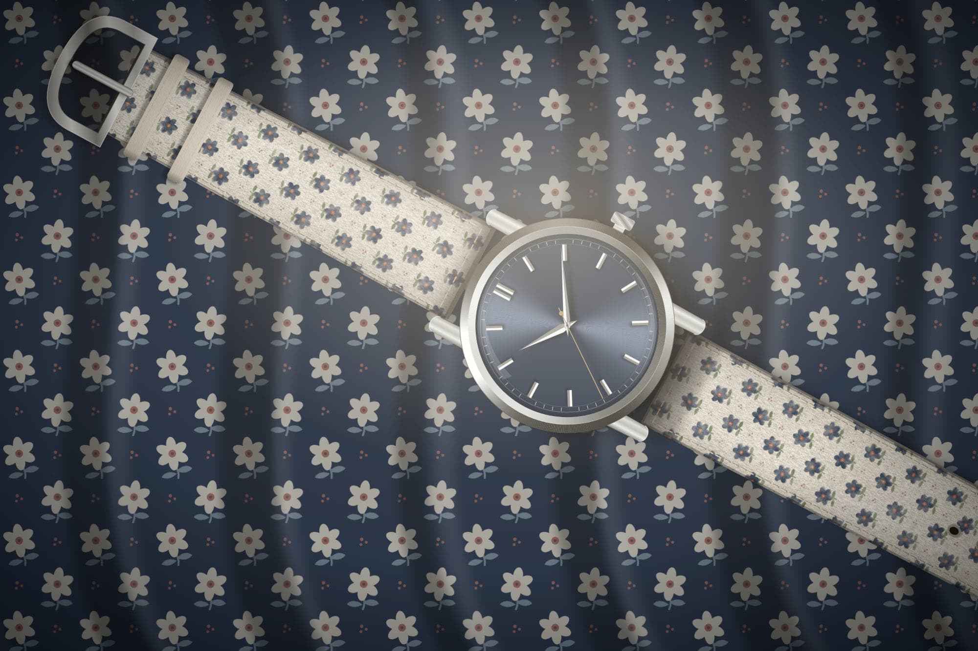 Concept render: an unbranded watch on an ivory floral strap, resting on folded indigo cloth.
